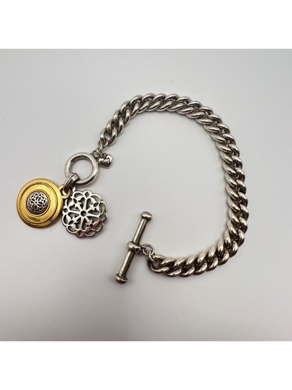 Brighton Ferrara Two Tone Medallion Charm Toggle Bracelet Silver Gold 7.5"